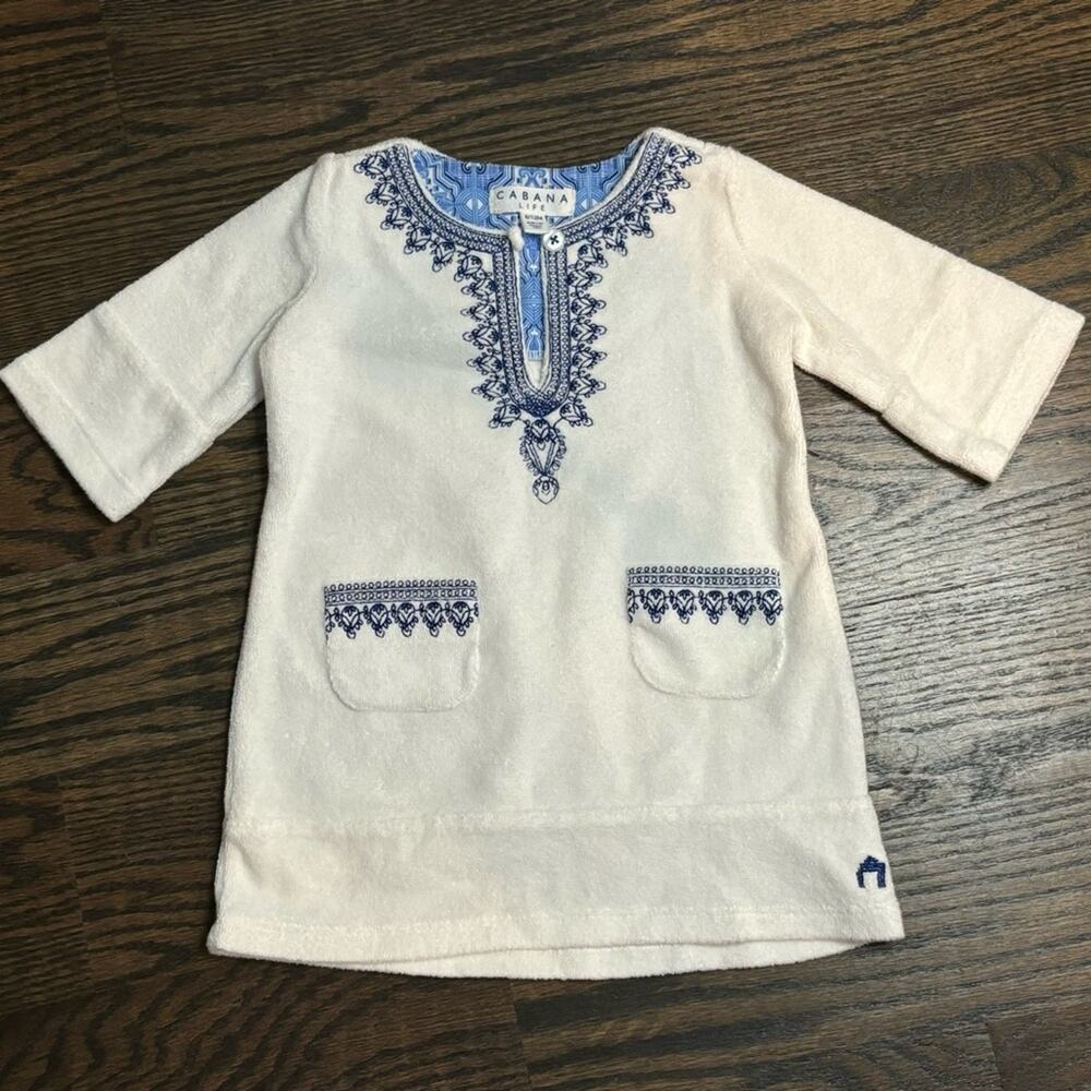 Cabana Life White Blue Embroidered Terry Swim Cover Dress 6-12 Months